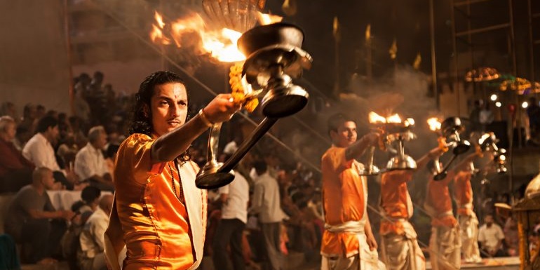 Ganga aarti - ritualistic offering of fire lamp to sacred Ganga river.